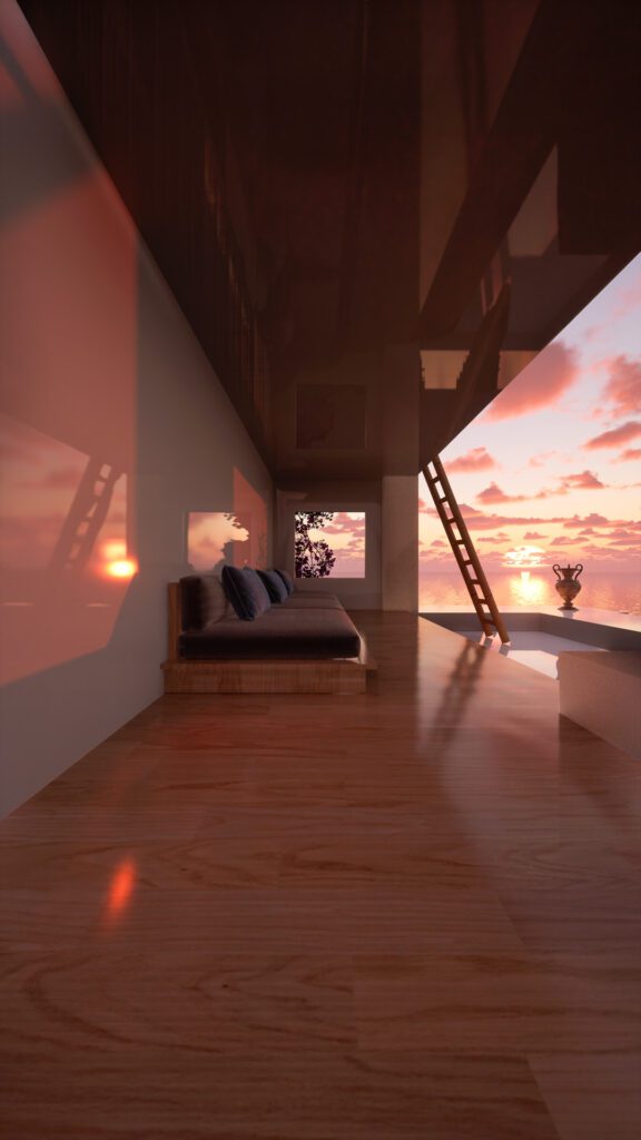 Evening sunset on the beach, looking out from a two story deck.